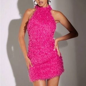 Solid pink fuzzy halter dress. Brand new never worn size L, size 8/10